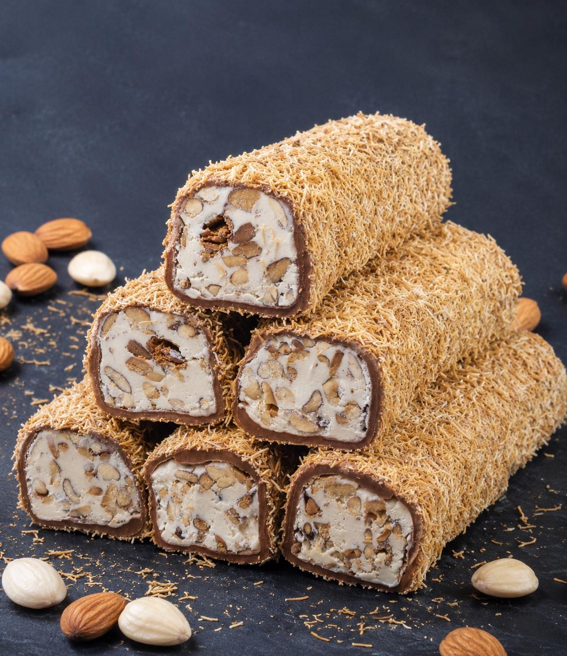 Caramel Lokum with Kadayıf, Almonds & Hazelnut Cream